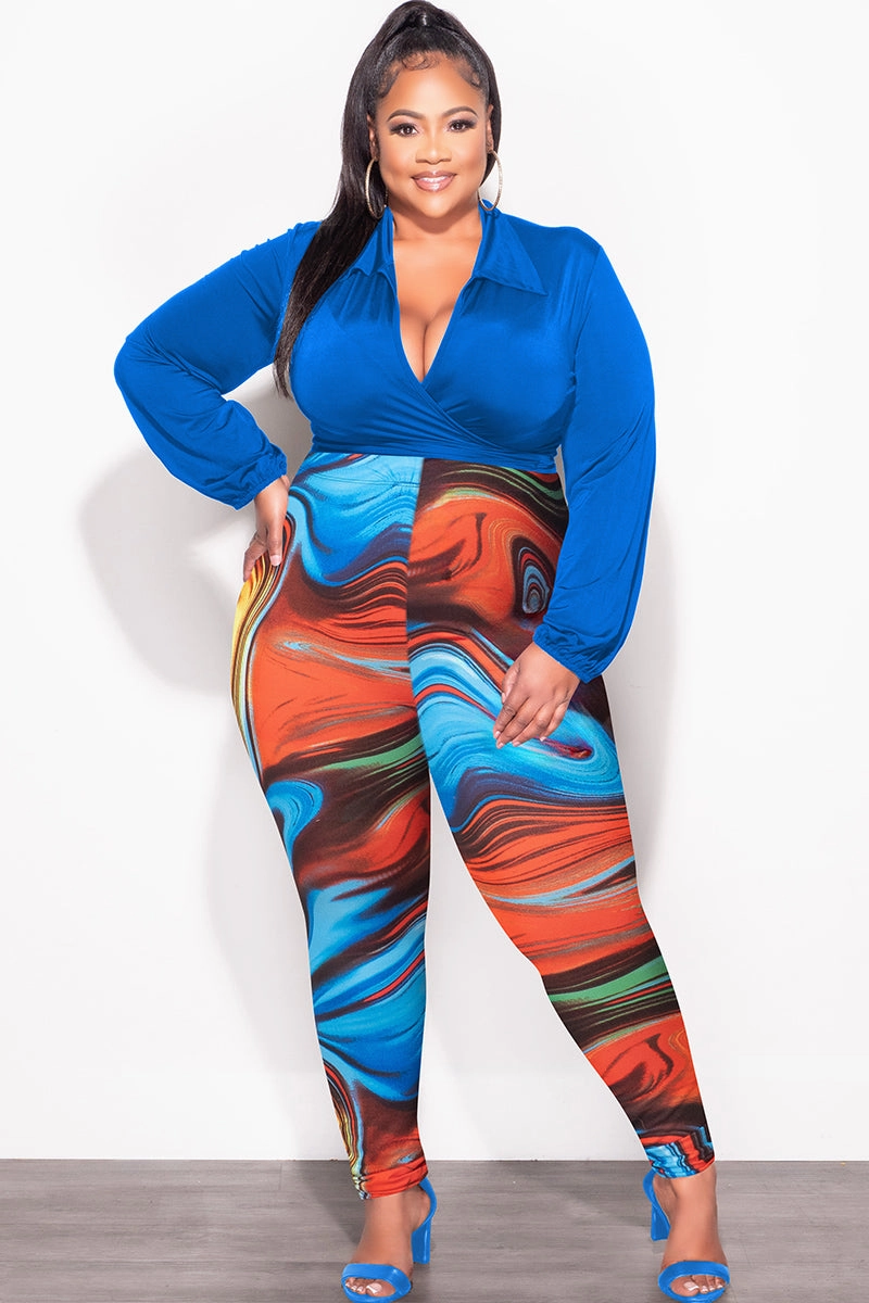 Premium Stretch Corduroy texture Final Sale Plus Size 2pc Wrap Top and Pants Set in Royal Blue Multi Color