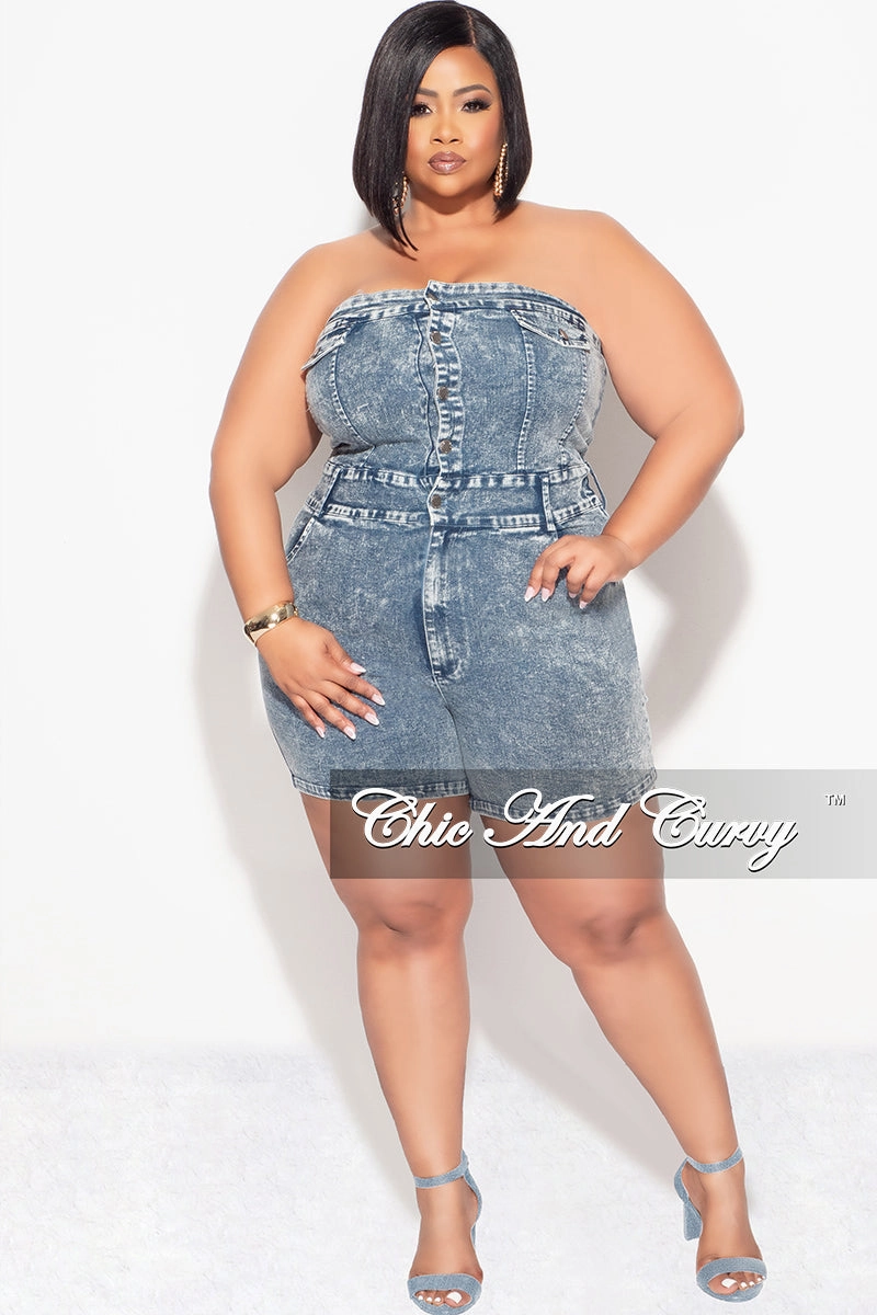 Stretch Layer Fit Four Way Stretch Final Sale Plus Size Strapless Button Up Romper in Denim Acid Wash