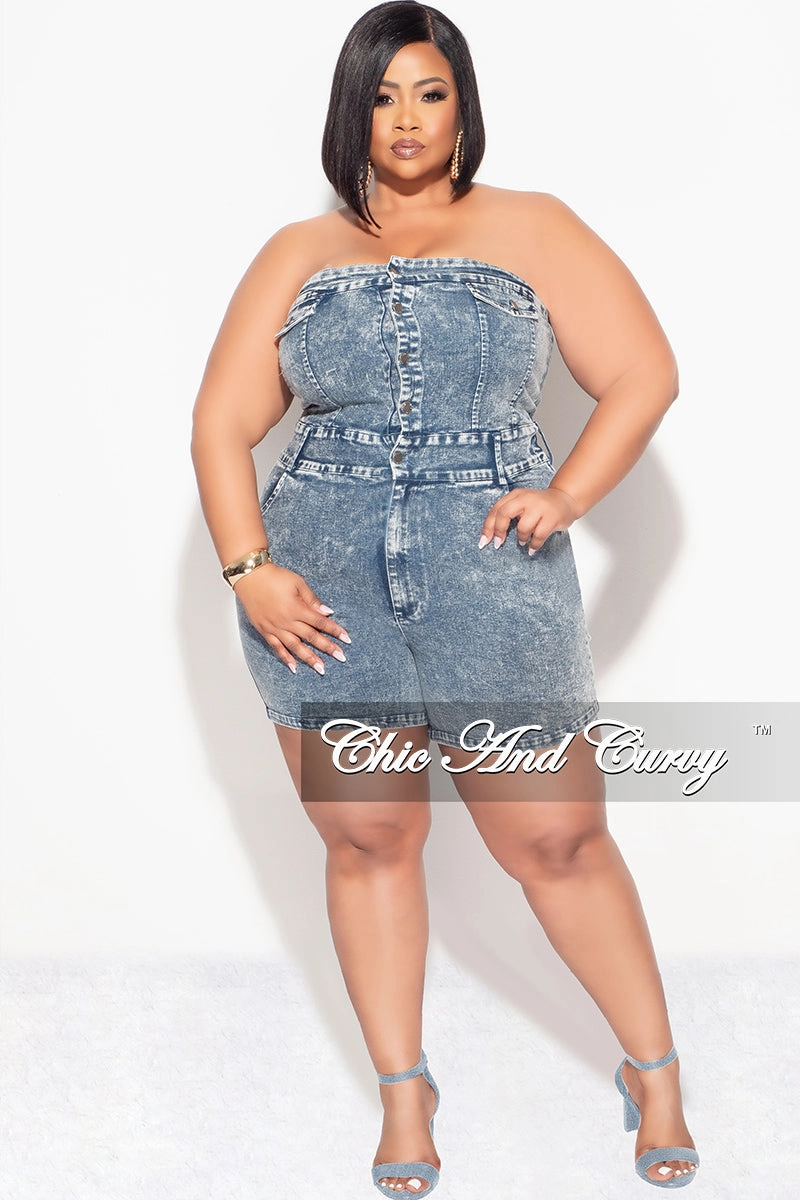 Casual Chic ElasticWaist Final Sale Plus Size Strapless Button Up Romper in Denim Acid Wash