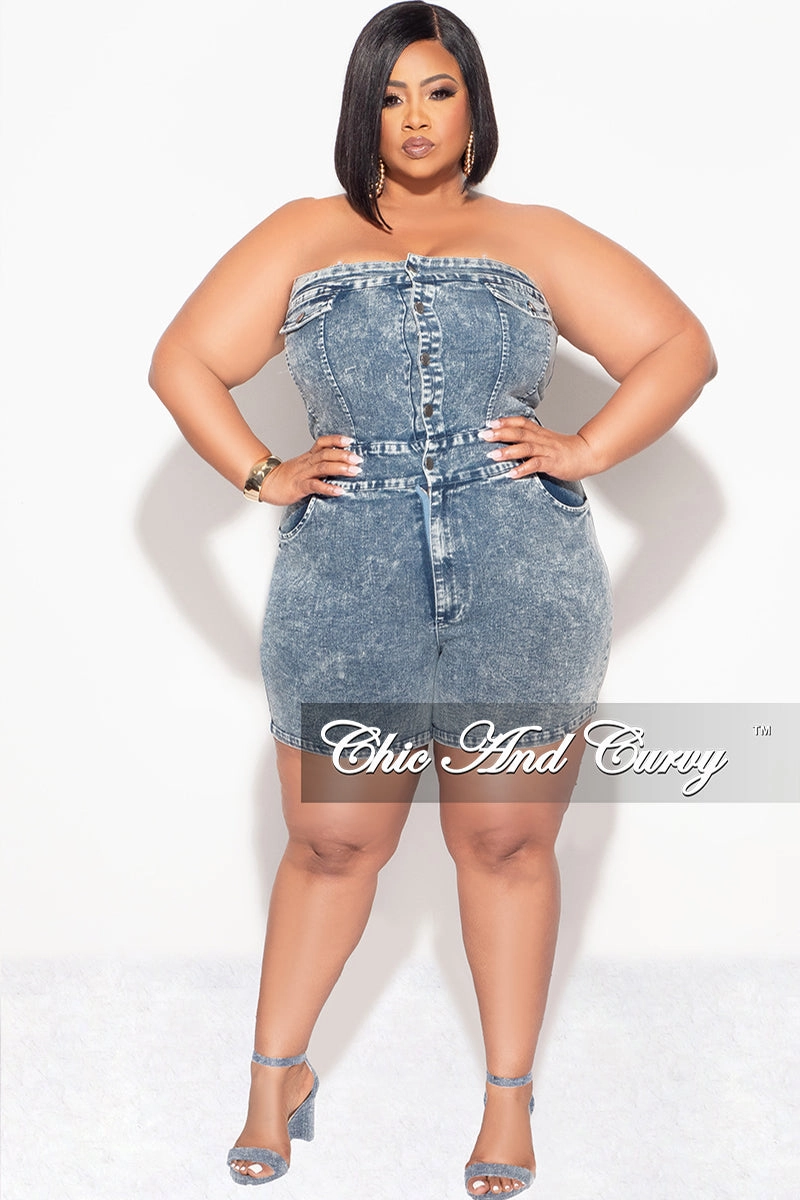 Final Sale Plus Size Strapless Button Up Romper in Denim Acid Wash Flat Lock Stitching Cozy Design