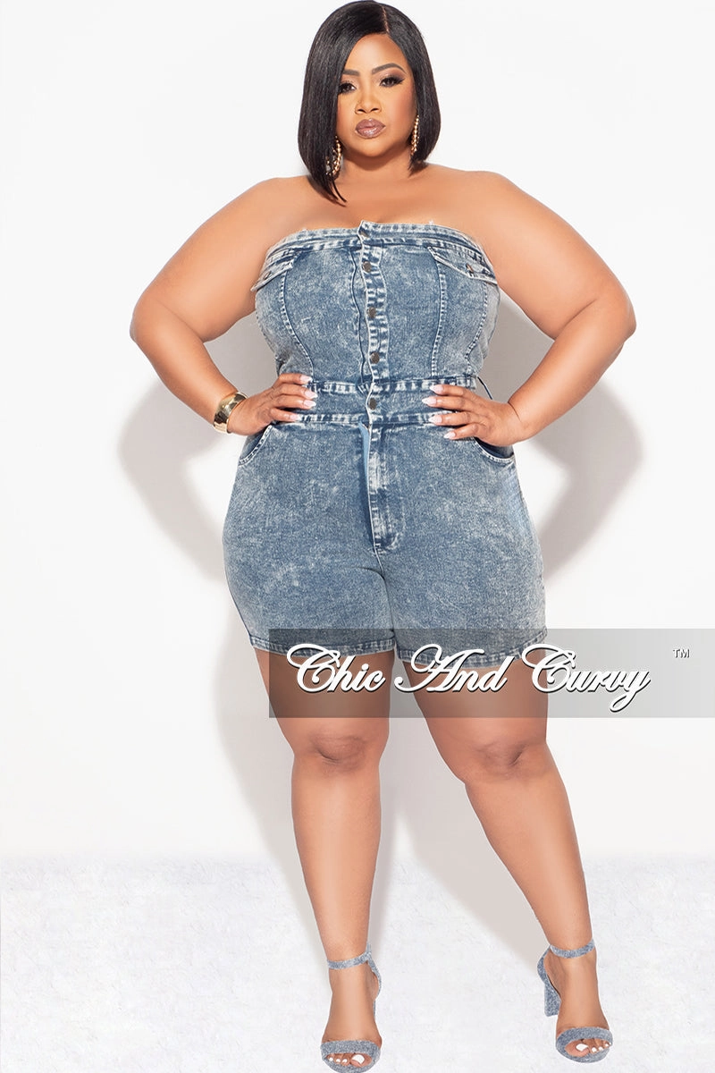 Packable Fit Final Sale Plus Size Strapless Button Up Romper in Denim Acid Wash