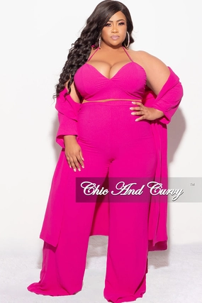 Final Sale Plus Size 3pc (Duster, Crop Self Tie Top & Pants) Set in Fuchsia Soft Comfort