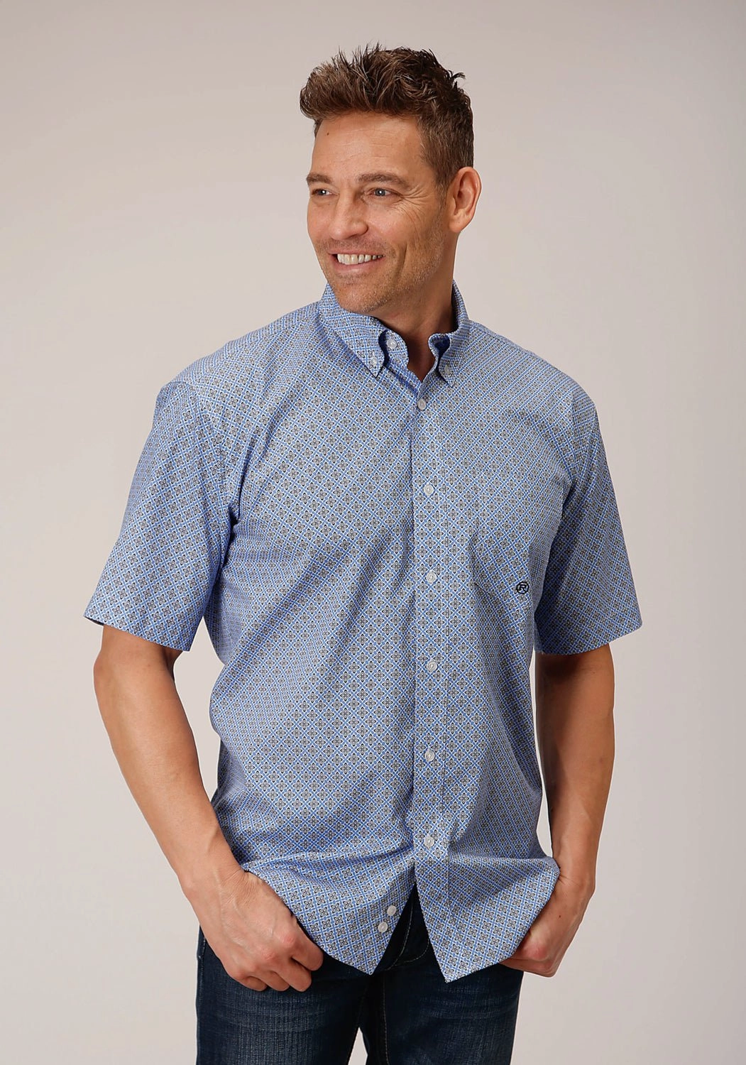 Fast Drying Patterned Design Roper Mens Thistle Foulard Blue 100% Cotton S/S Shirt