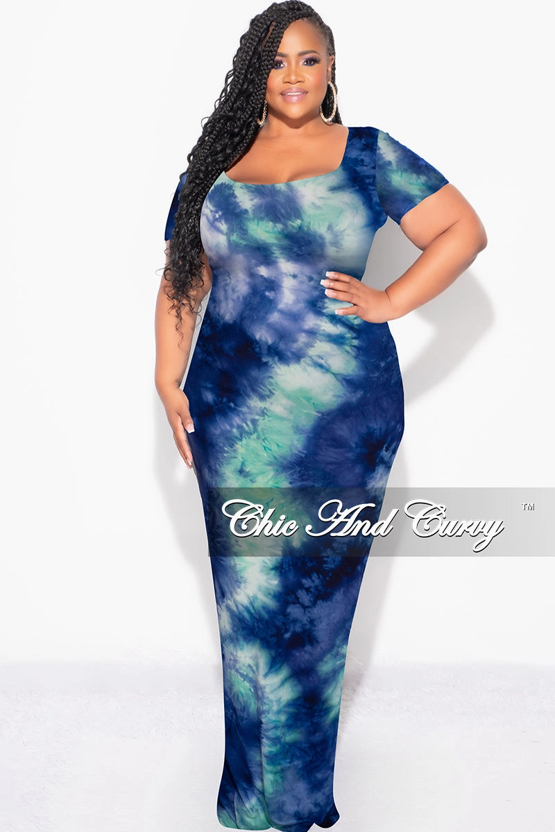 Final Sale Plus Size Short Sleeve Deep Scoop Neck Maxi Dress in Royal Blue & Aqua Tie Dye Print Performance Ready