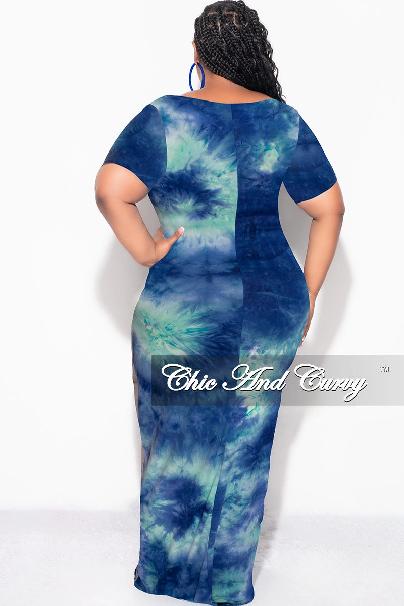 Final Sale Plus Size Short Sleeve Deep Scoop Neck Maxi Dress in Royal Blue & Aqua Tie Dye Print Chic casual
