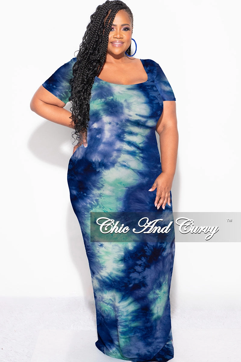 Trendy Waist Final Sale Plus Size Short Sleeve Deep Scoop Neck Maxi Dress in Royal Blue & Aqua Tie Dye Print