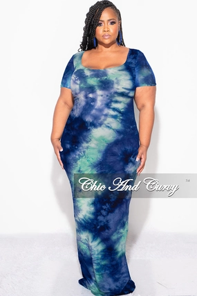 TaperedLeg Final Sale Plus Size Short Sleeve Deep Scoop Neck Maxi Dress in Royal Blue & Aqua Tie Dye Print