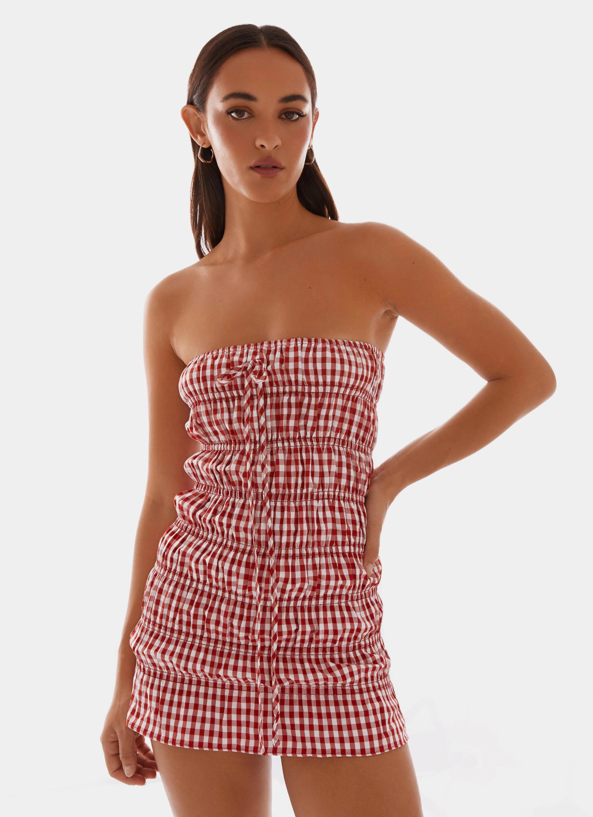 Adele Mini Dress - Red Gingham Simple Texture Nordic Plain
