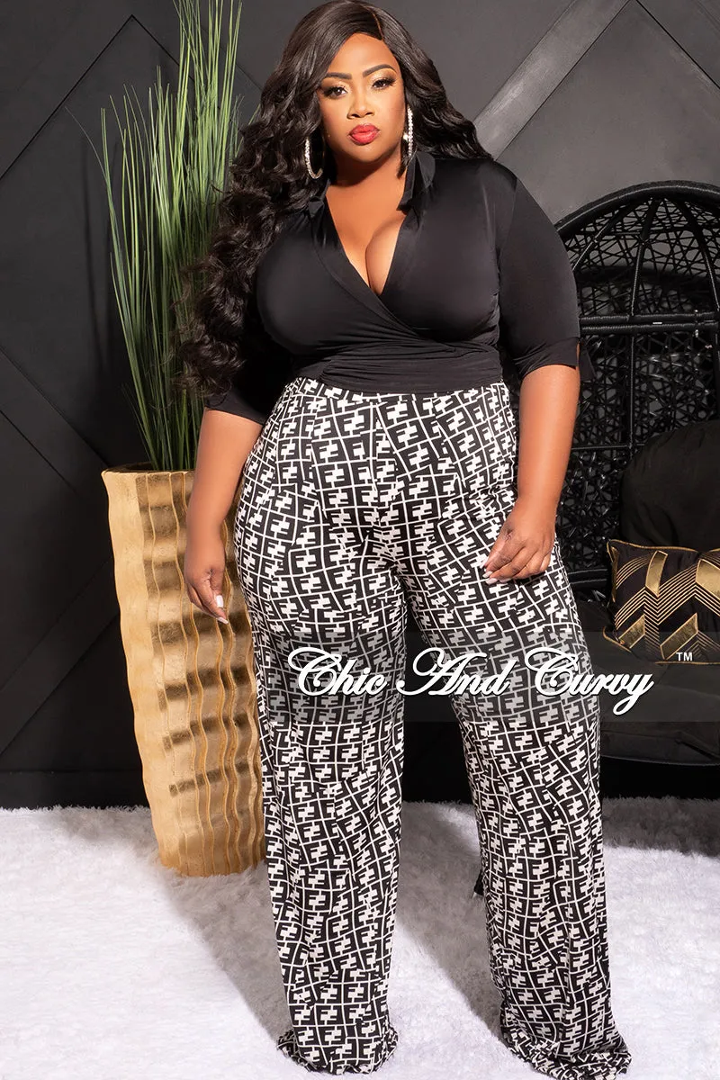 Final Sale Plus Size 2pc Long Sleeve Faux Wrap Collar Black Crop Tie Top and Pants in Black & White Maze Print Cozy Lining
