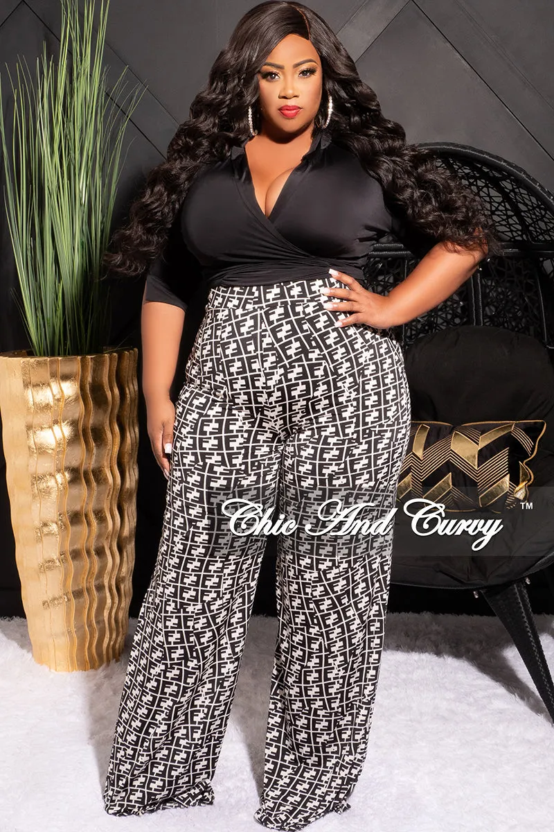 Adaptable Design SustainableManufacturing Final Sale Plus Size 2pc Long Sleeve Faux Wrap Collar Black Crop Tie Top and Pants in Black & White Maze Print