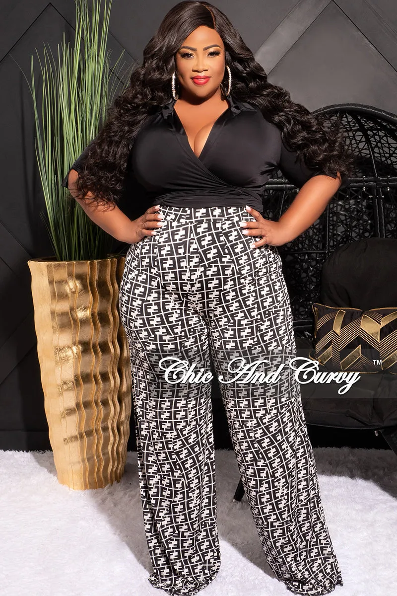 Final Sale Plus Size 2pc Long Sleeve Faux Wrap Collar Black Crop Tie Top and Pants in Black & White Maze Print Tear Resistant Fabric