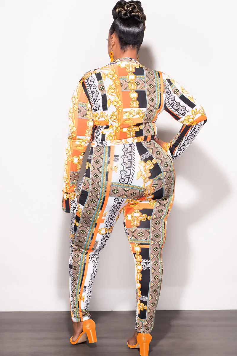 Non slip grip Core Ease Final Sale Plus Size 2pc (Bodysuit & Pants) Set in Orange Gold Print