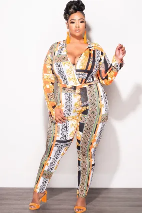 Final Sale Plus Size 2pc (Bodysuit & Pants) Set in Orange Gold Print Tailored Silhouette Water Resistant Finish