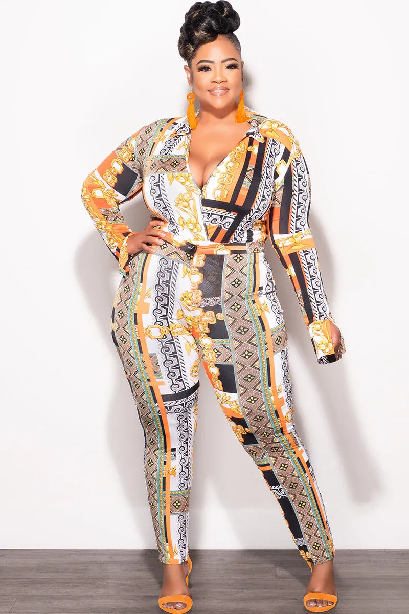 Performance Design Fit Final Sale Plus Size 2pc (Bodysuit & Pants) Set in Orange Gold Print