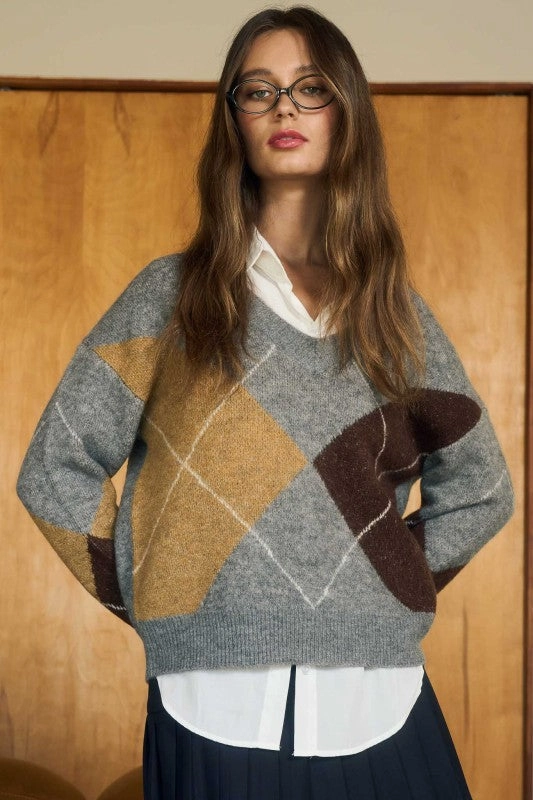 LightweightFabric Sporty Cardigan Argyle V Neck Long Sleeve Pullover Sweater