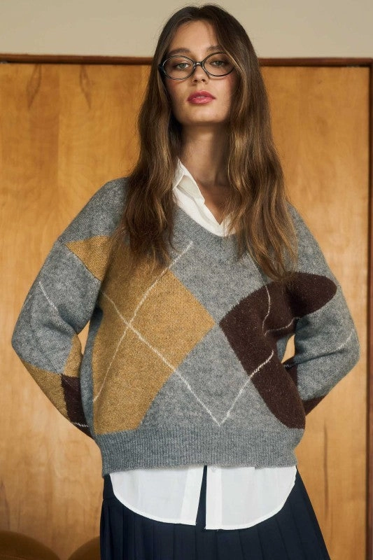 Cool Weather DoubleStitched Hem Argyle V Neck Long Sleeve Pullover Sweater