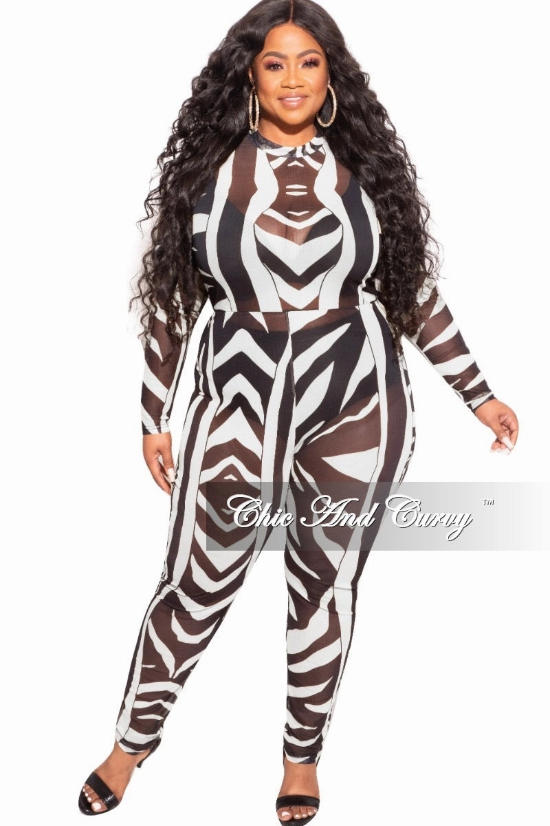 Free Movement Stretch Motion Final Sale Plus Size See Through Mesh Jumpsuit in Black and White Zebra Print