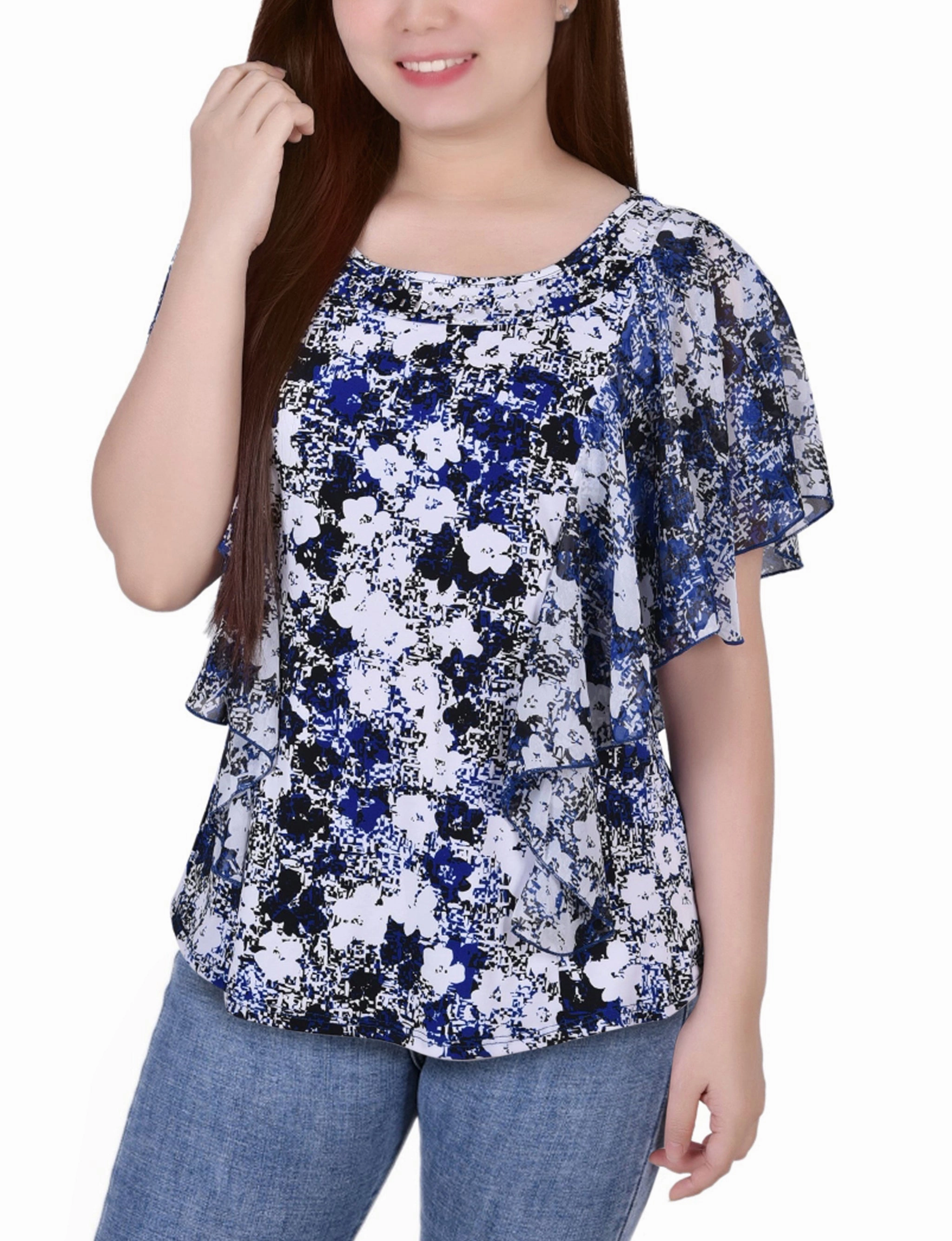 Raw Edge Detail Chiffon Sleeve Poncho With Studded Neckline