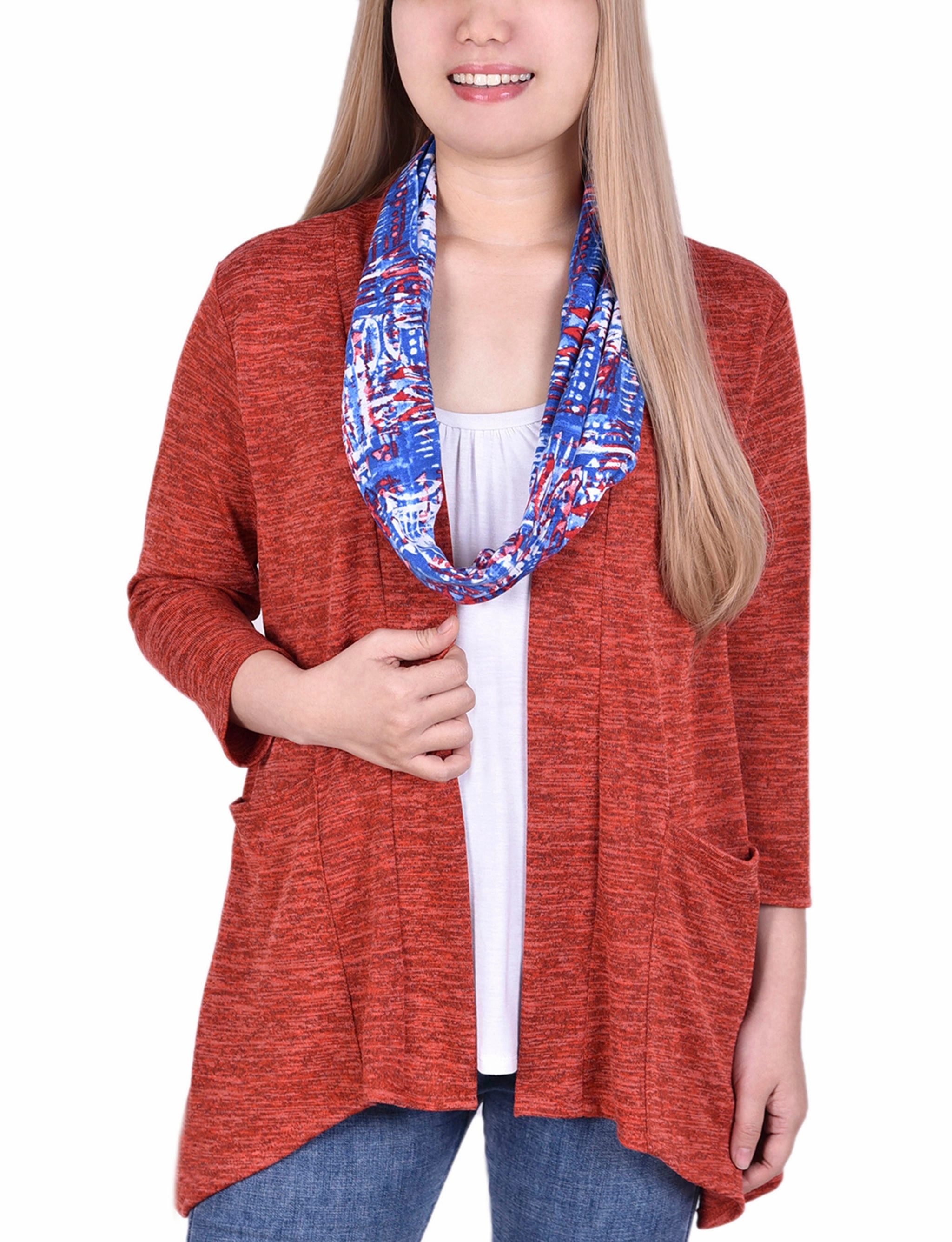 Cardigan With Inset And Detachable Printed Scarf LayeredStyling Multi Directional Mobility
