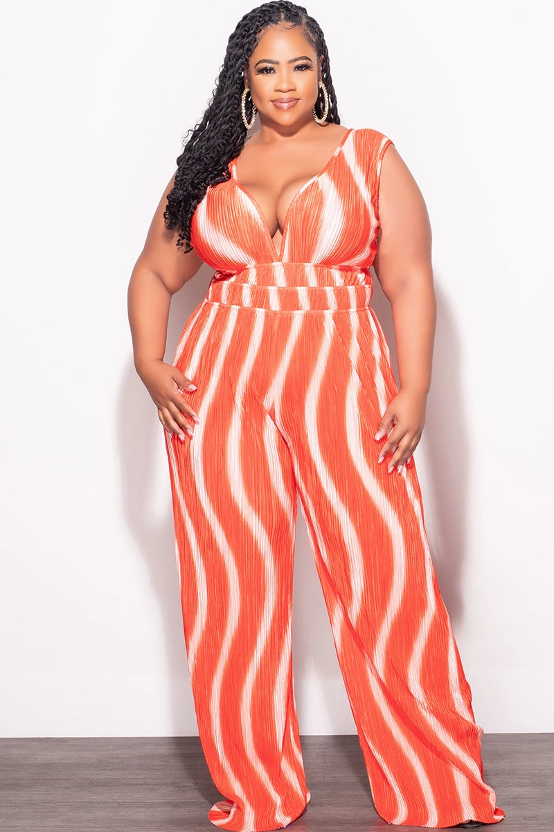 Final Sale Plus Size Pleated Jumpsuit in Orange Breathable Comfort Design