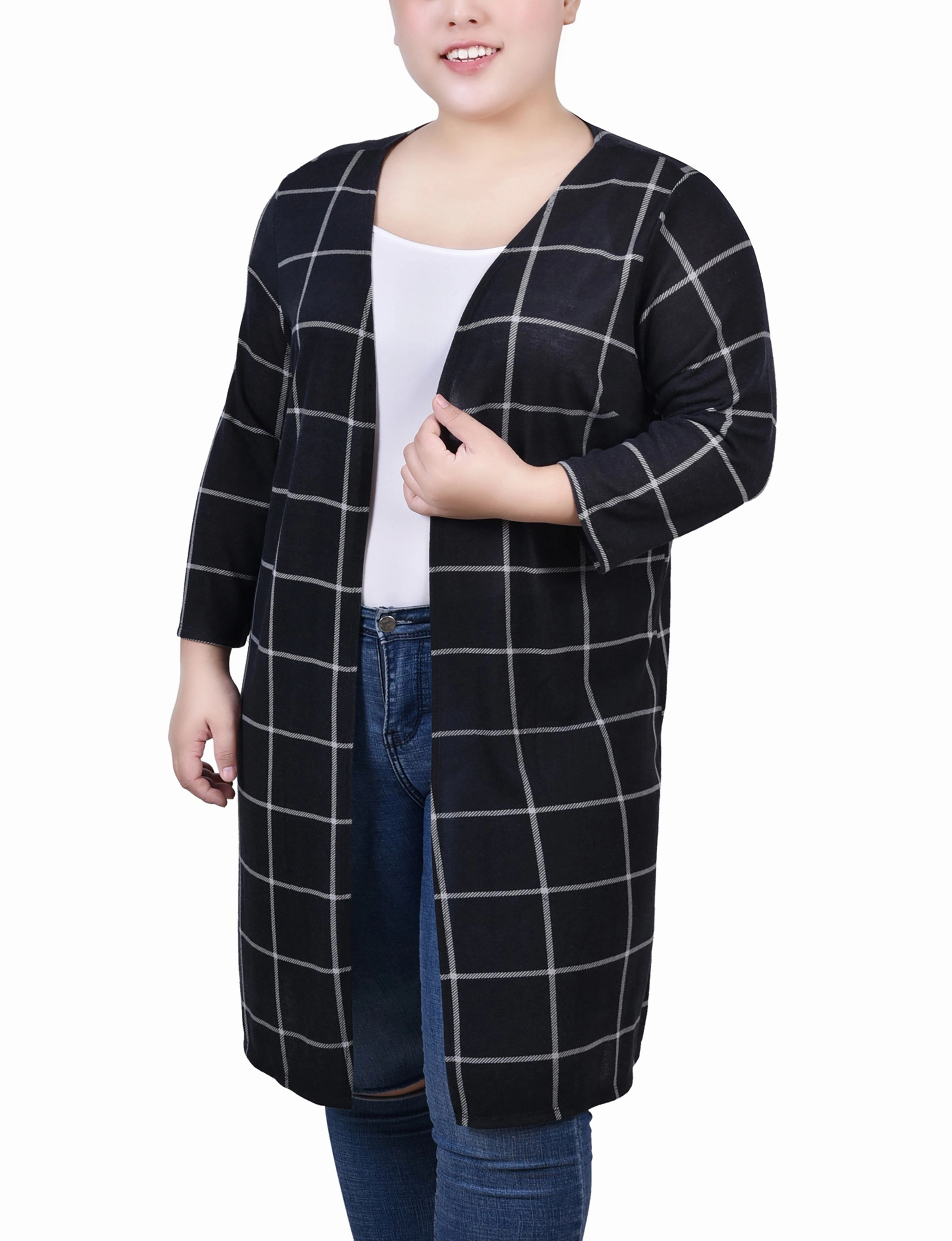 Reflective Safety Trim Plus Size 3/4 Sleeve Knit Cardigan