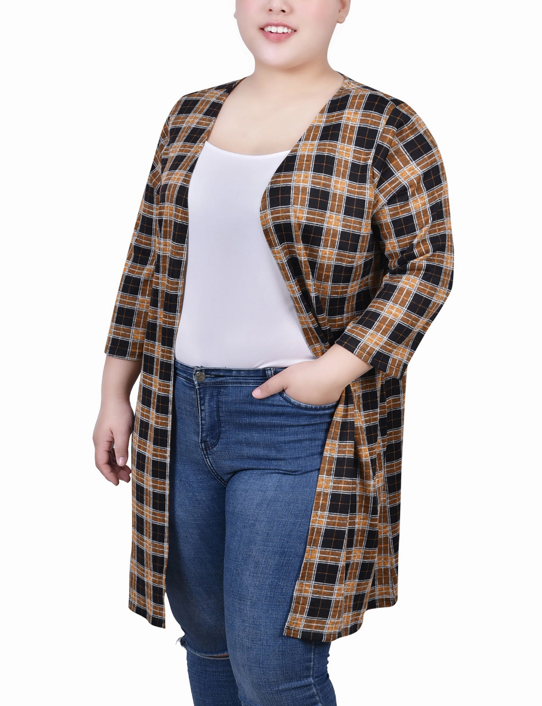 Plus Size 3/4 Sleeve Knit Cardigan VersatileNeckline