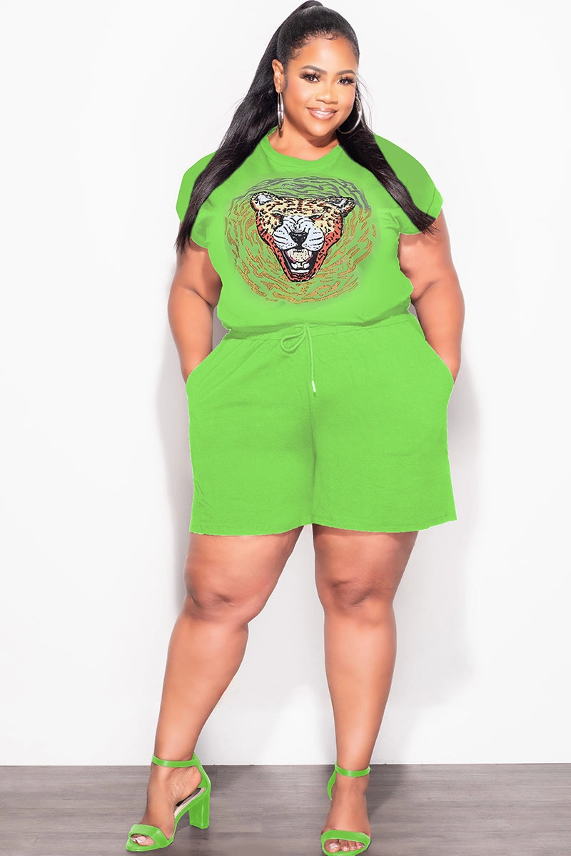 LightweightComfort Final Sale Plus Size 2pc Bling Rhinestone Graphic Top and Short Set Set In Green