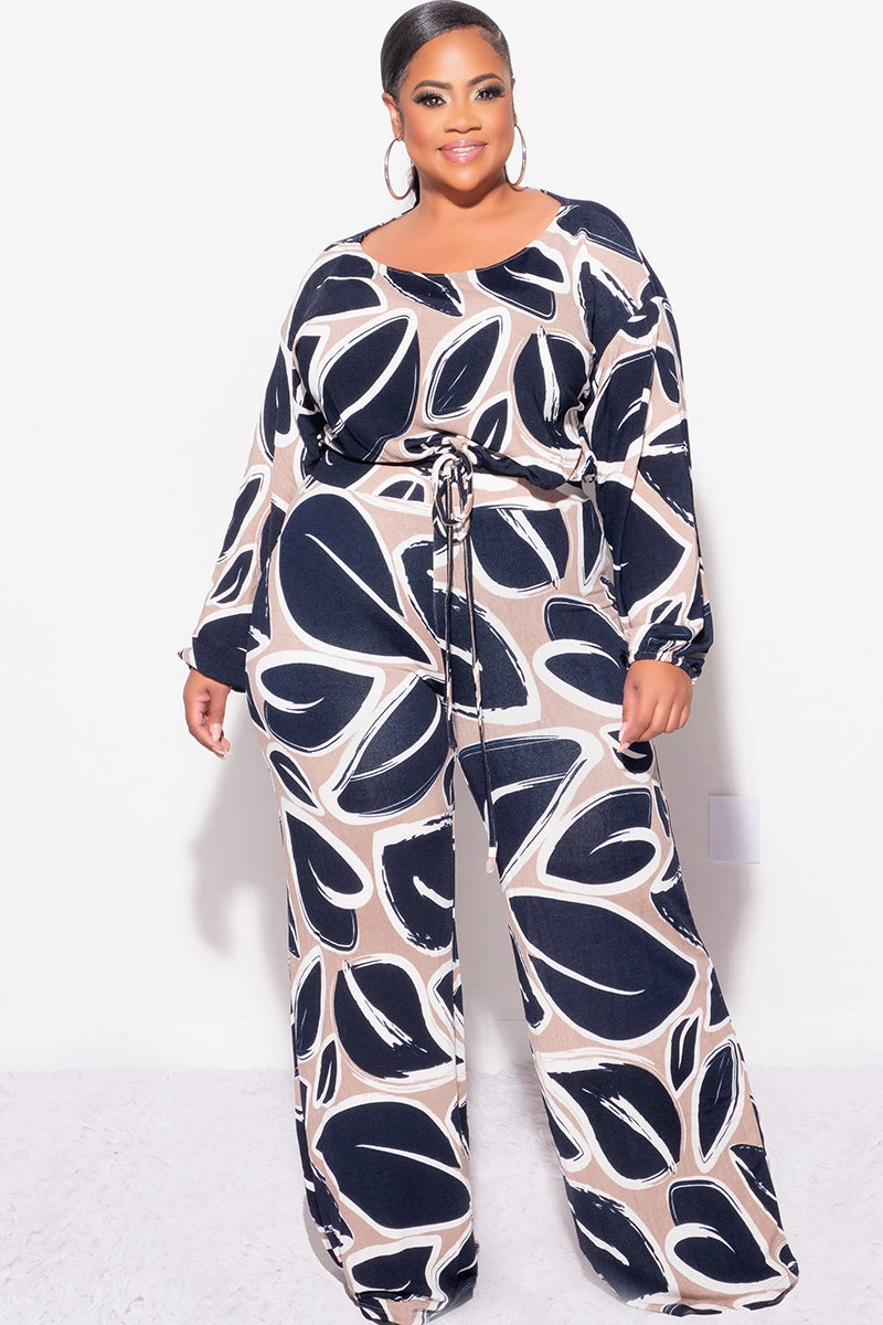 Flexible Knees Abrasion Resistant Material Final Sale Plus Size 2pc Off the Shoulder Knit Loose Fit Crop Tie Top and Palazzo Pants Set in Navy and Tan