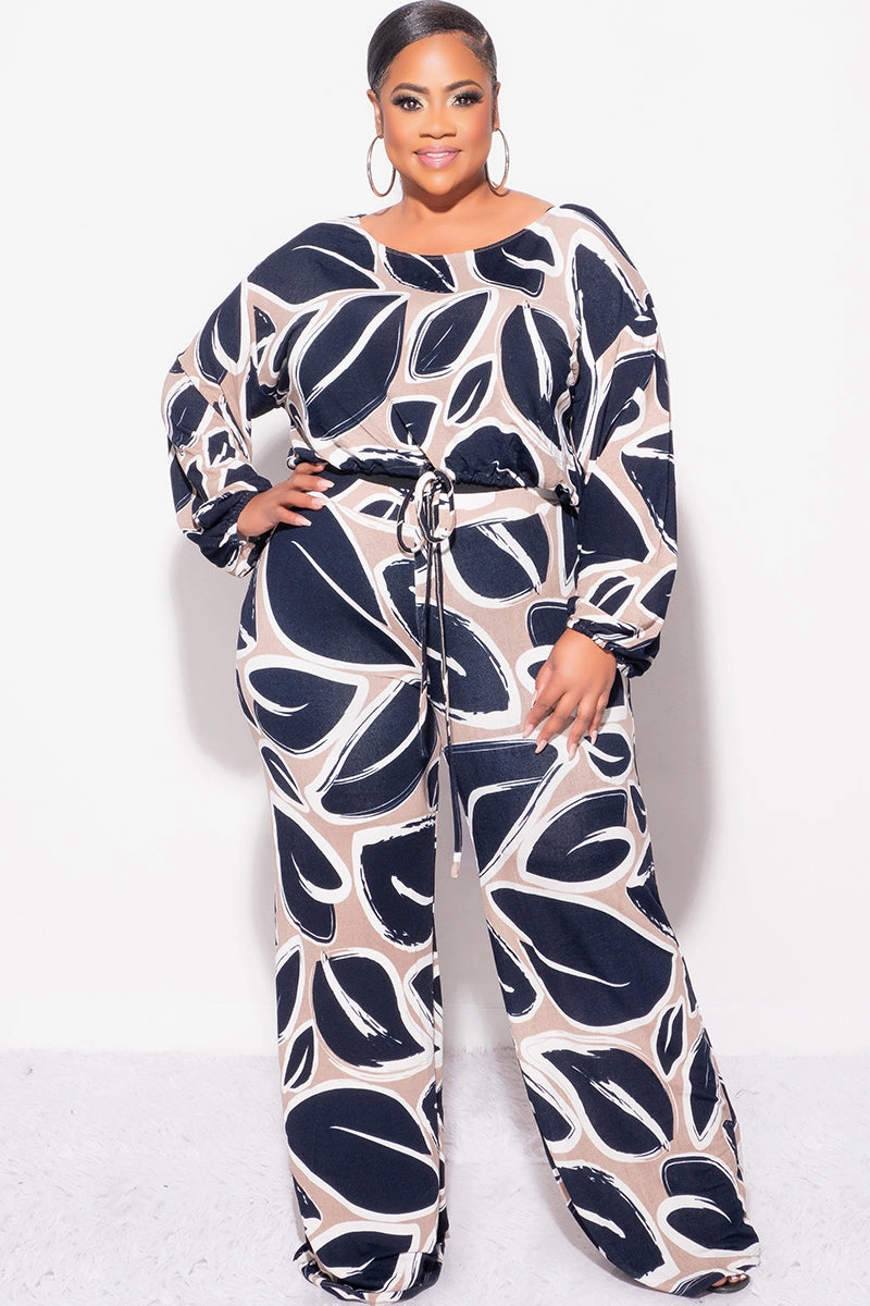 Rugged Comfort Final Sale Plus Size 2pc Off the Shoulder Knit Loose Fit Crop Tie Top and Palazzo Pants Set in Navy and Tan