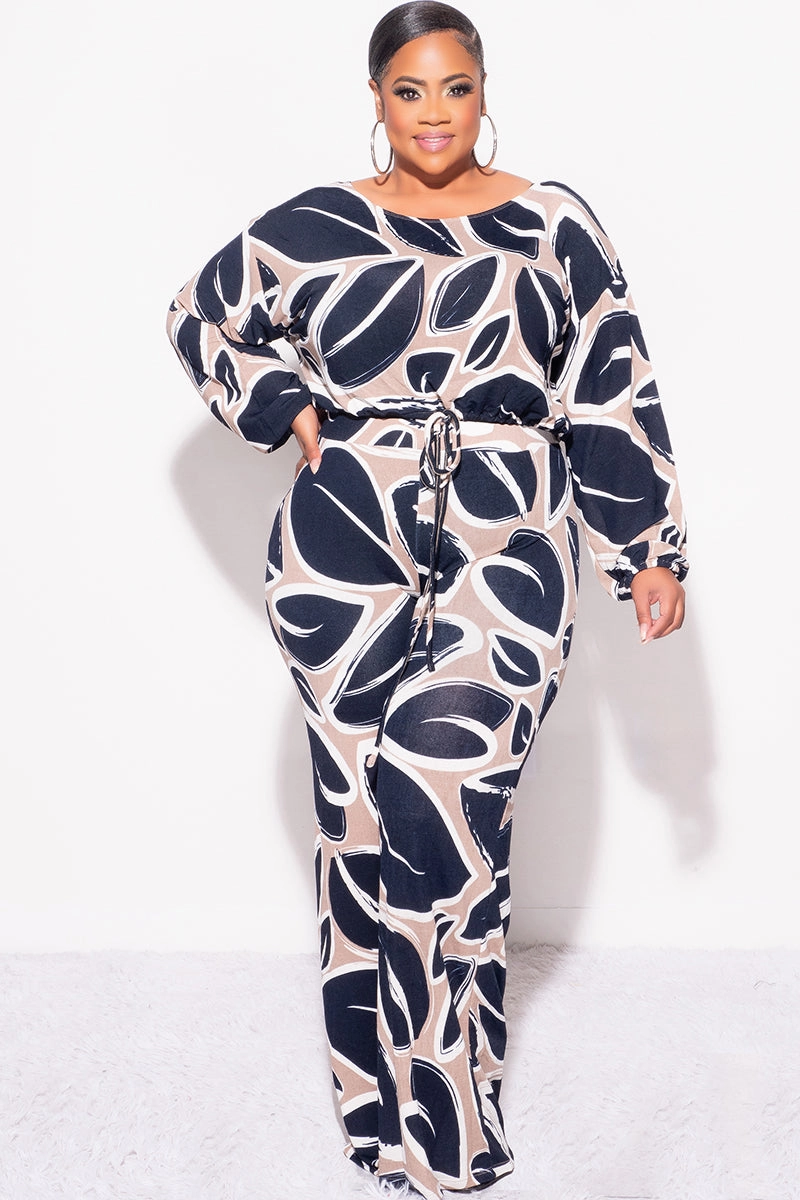 Anti Slip Waistband Layer-Friendly Fit Final Sale Plus Size 2pc Off the Shoulder Knit Loose Fit Crop Tie Top and Palazzo Pants Set in Navy and Tan