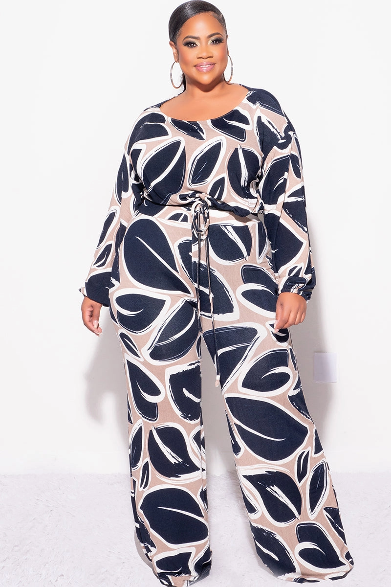 Final Sale Plus Size 2pc Off the Shoulder Knit Loose Fit Crop Tie Top and Palazzo Pants Set in Navy and Tan Versatile Layering