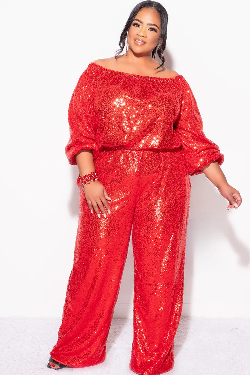 casual top HighStretch Final Sale Plus Size 2pc Sequin Top and Pants Set in Red