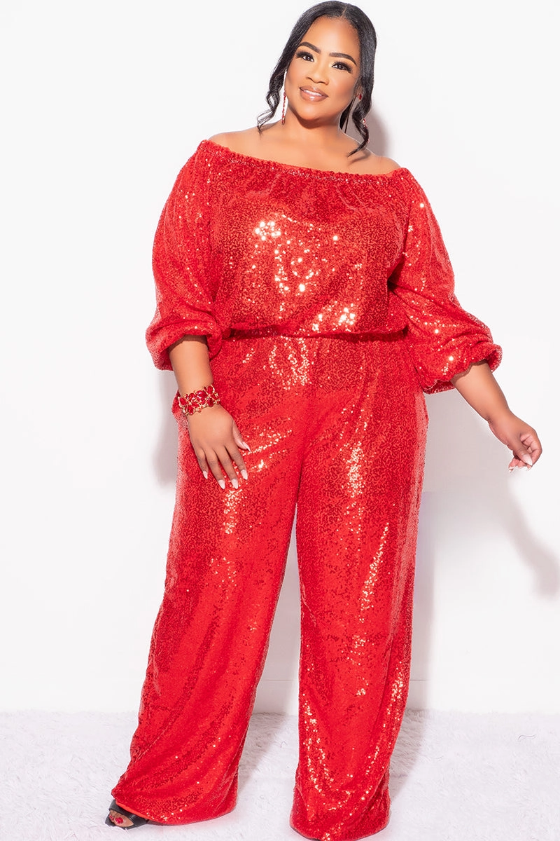 Autumn Wear Layerable Look Final Sale Plus Size 2pc Sequin Top and Pants Set in Red