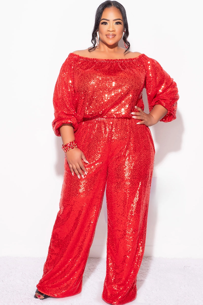 DurableReinforcement OdorResistantFinish Final Sale Plus Size 2pc Sequin Top and Pants Set in Red