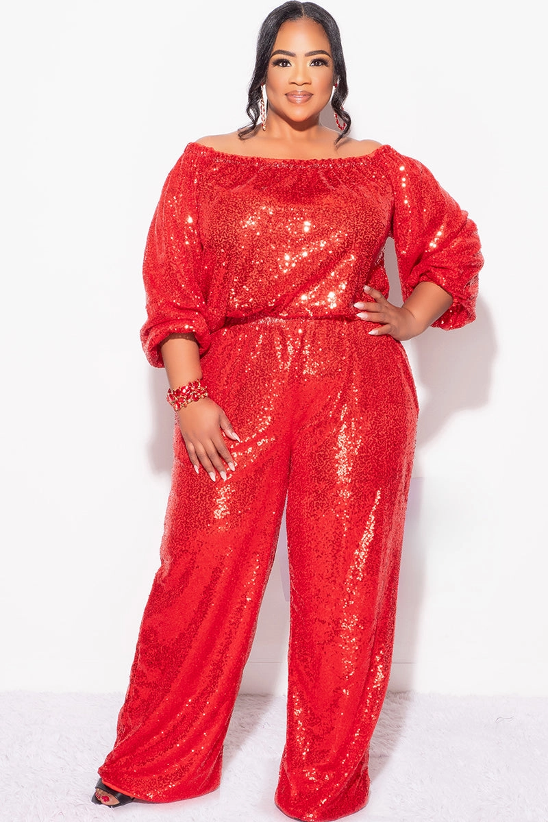 Final Sale Plus Size 2pc Sequin Top and Pants Set in Red Perfect for Layering