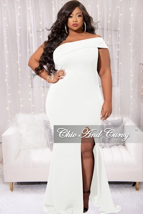 Cool and Breezy Final Sale Plus Size Techno Crepe Off Shoulder, Front Slit , Mermaid Fit Gown in Off White