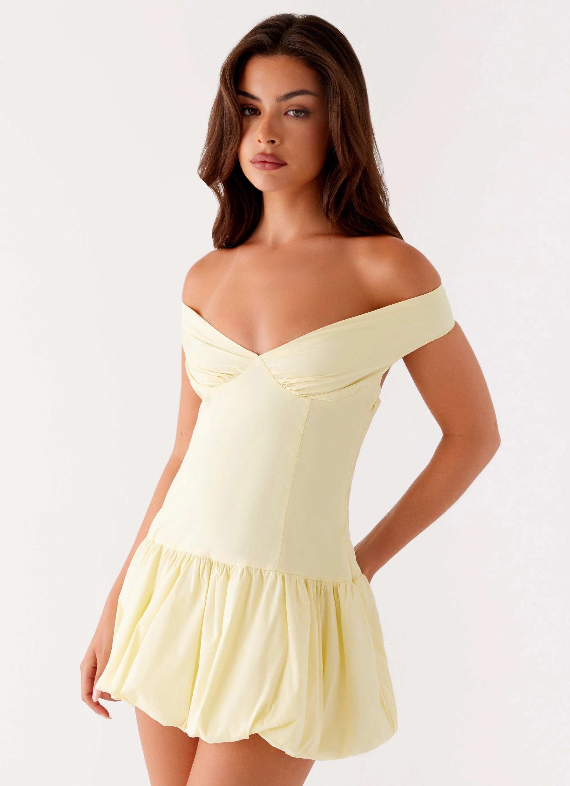 Adjustable Tie Endless Romance Off Shoulder Mini Dress - Yellow Wrinkle Resistant