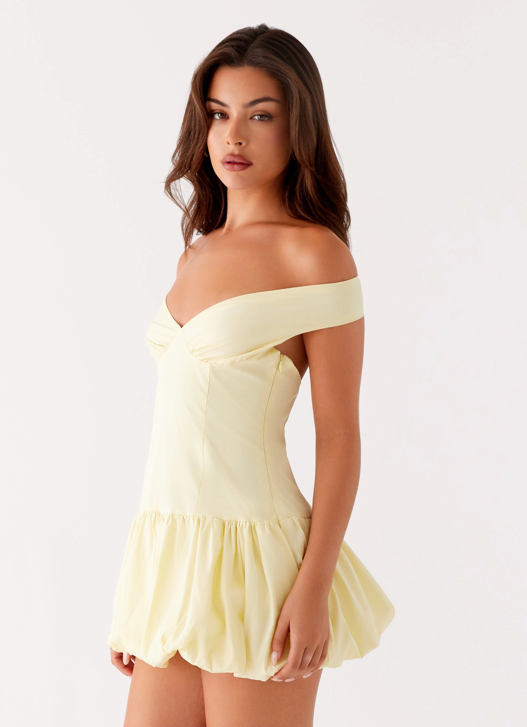 Crisp Details Adjustable Tie Endless Romance Off Shoulder Mini Dress - Yellow
