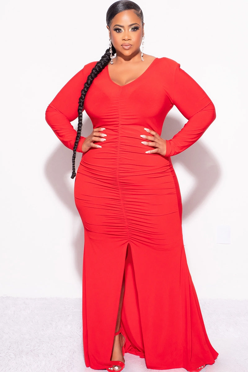 AntiPill Surface Final Sale Plus Size V-Neck Gown with Center Ruching and Slit in Red