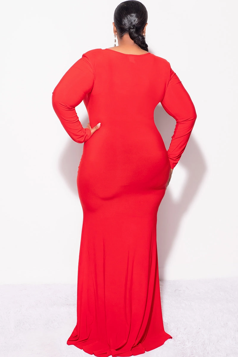 Final Sale Plus Size V-Neck Gown with Center Ruching and Slit in Red Quick Dry Fabric Double Faced Jersey Knit