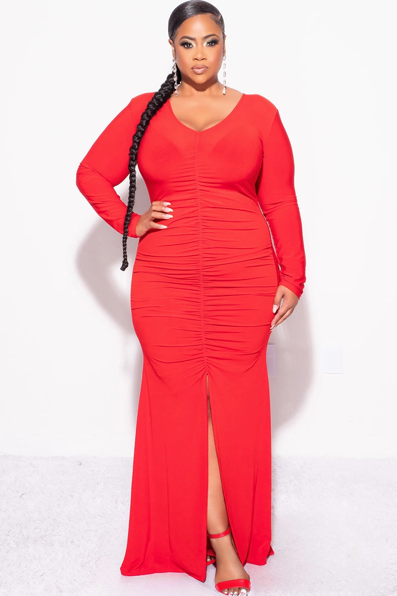 MultiPly Fabric Everyday Look Final Sale Plus Size V-Neck Gown with Center Ruching and Slit in Red