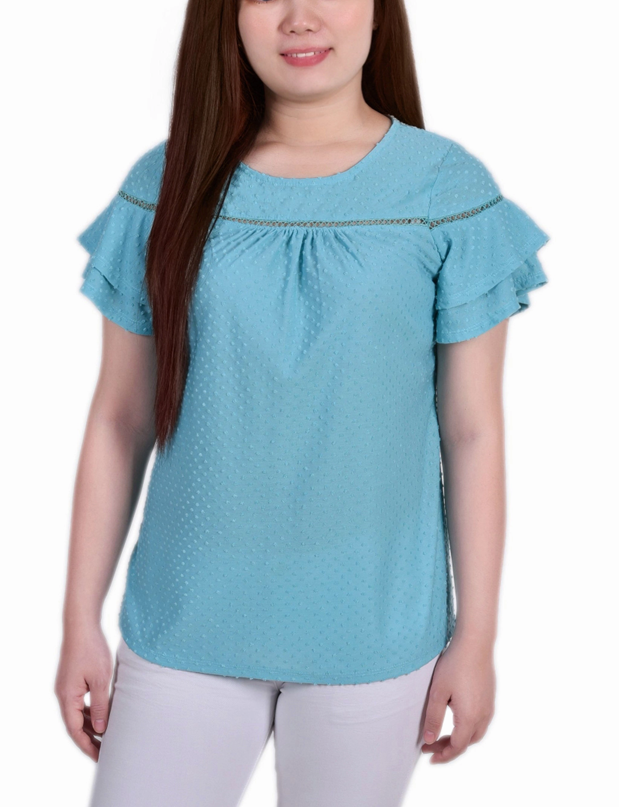 Short Double Flutter Sleeve Swiss Dot Top All-Purpose