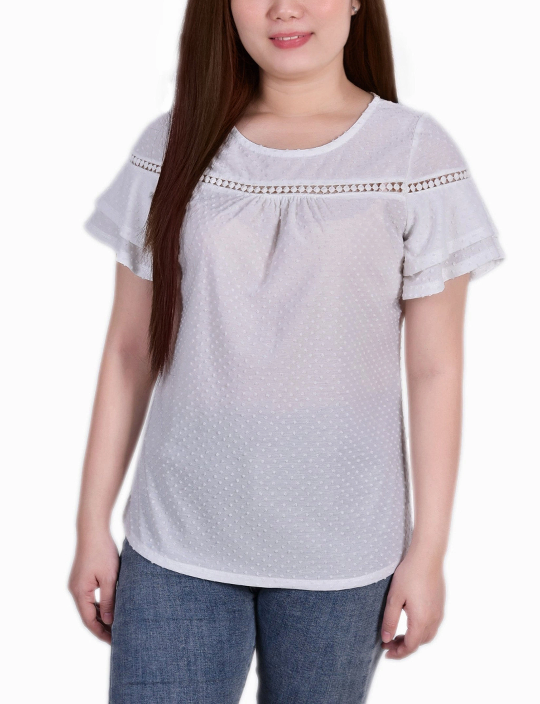 Stretch Woven Material Short Double Flutter Sleeve Swiss Dot Top