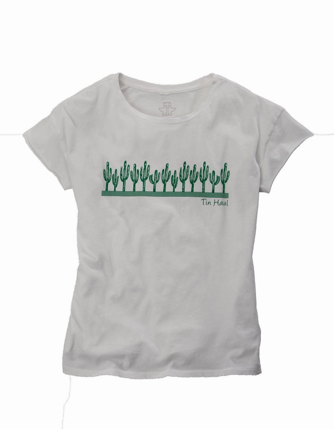 Tin Haul Womens White/Green 100% Cotton Cactus S/S T-Shirt Textured Finish Bold colors