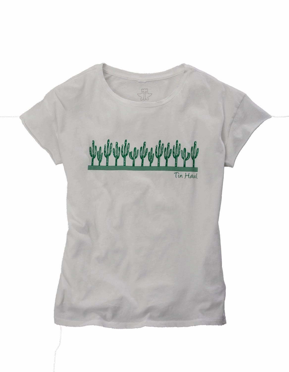 Tin Haul Womens White/Green 100% Cotton Cactus S/S T-Shirt Cuffed hem