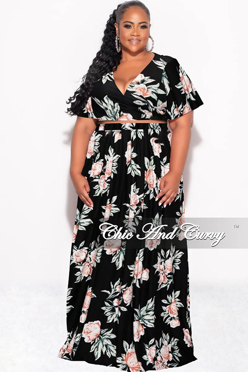 Modern Fit Final Sale Plus Size 2pc Cropped Tie Top and Skirt Set in Black Floral Print