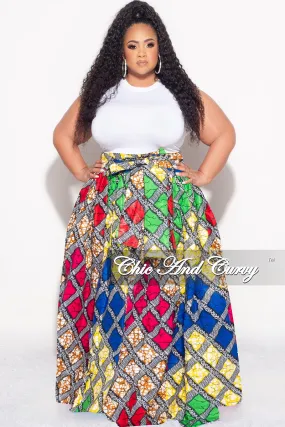 Travel Ready High Stretch Fit Final Sale Plus Size High Waist Maxi Skirt with Tie in Multi Color Diamond Print