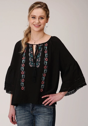 Roper Womens Black 100% Cotton Peasant 3/4 Sleeve Blouse No Bulk Layering System Multipocket Style