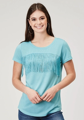 Smooth Texture Handcrafted Detail Roper Womens Matching Fringe Light Blue Poly/Cotton S/S T-Shirt