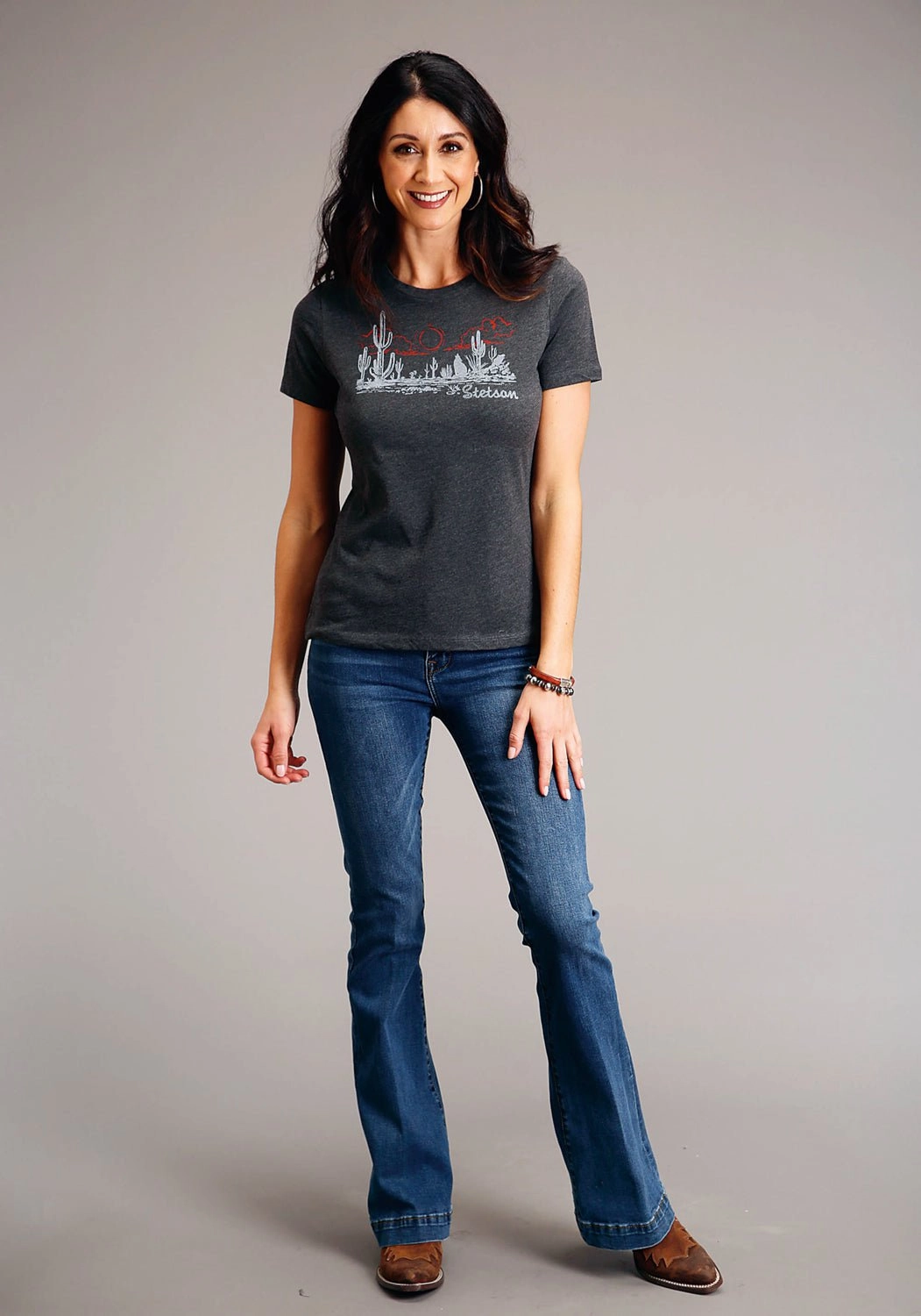 Breathable Cotton Ergonomic Sleeve Cut Stetson Womens Charcoal Cotton Blend Cactus Desert Scene S/S T-Shirt